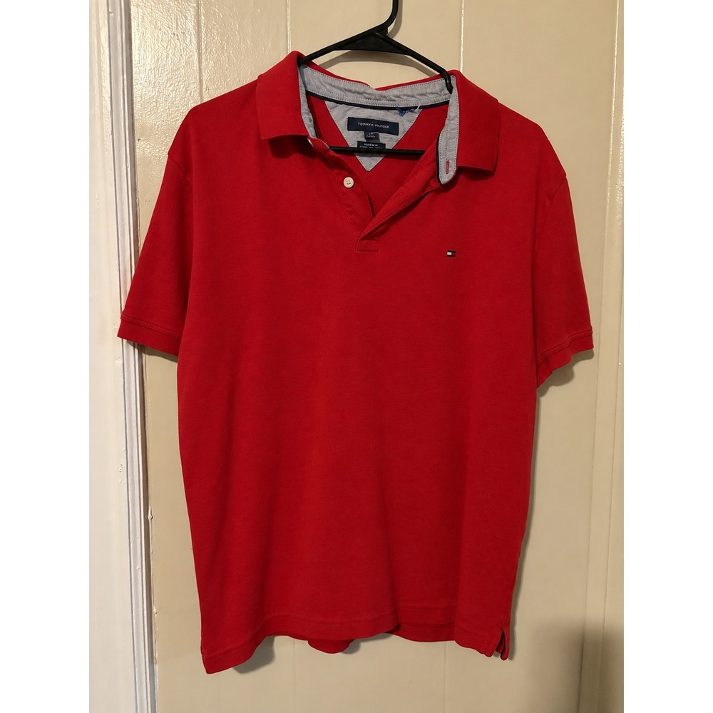 Tommy Hilfiger Mens Custom Fit Polo Shirt Red Short Sleeve Large Flag Logo